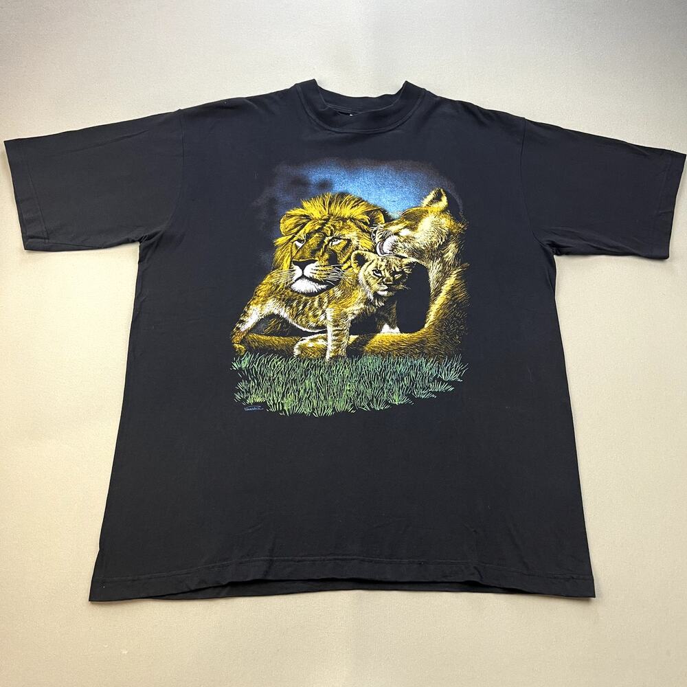 Vintage Lion Art T-Shirt Adult XL Black Animal Nature Safari Cub Wildlife Africa
